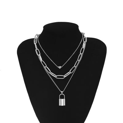 Mutli Layer Lover Lock Pendant Choker Necklace / Steampunk Padlock Heart Chain Necklace