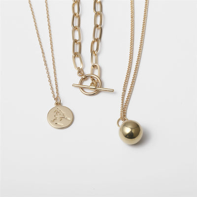 Gothic Lariat Bead Pendant Choker Necklace / Portrait Coin Gold Long Chain Necklace