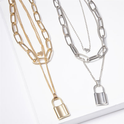 Mutli Layer Lover Lock Pendant Choker Necklace / Steampunk Padlock Heart Chain Necklace
