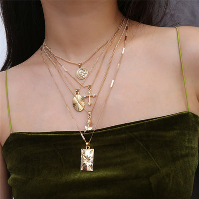 Layered Rose Cross Pendant Choker Necklace Set Boho / Carve Portrait Coin Long Chain Necklace / Christian Cross