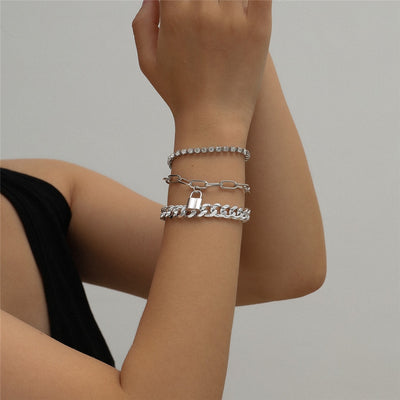 Three Piece Set Crystal Lock / Pendant Chain Bracelets