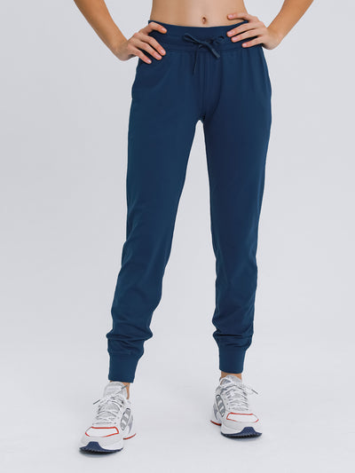 High Waisted DrawString Side Pocket Relaxed Fit Tapered Plain Full Length Joggers