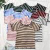 Knitting Striped T-Shirt Round Neck Flounce Short Sleeve Tees
